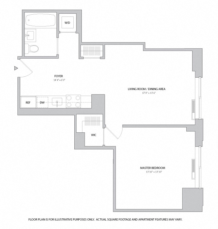 Floor plan for 1 bed, 1 bath, 682 sqft